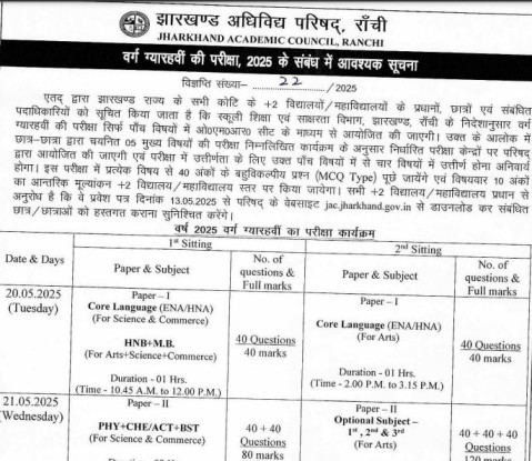 JAC 11th Exam Time Table 2025